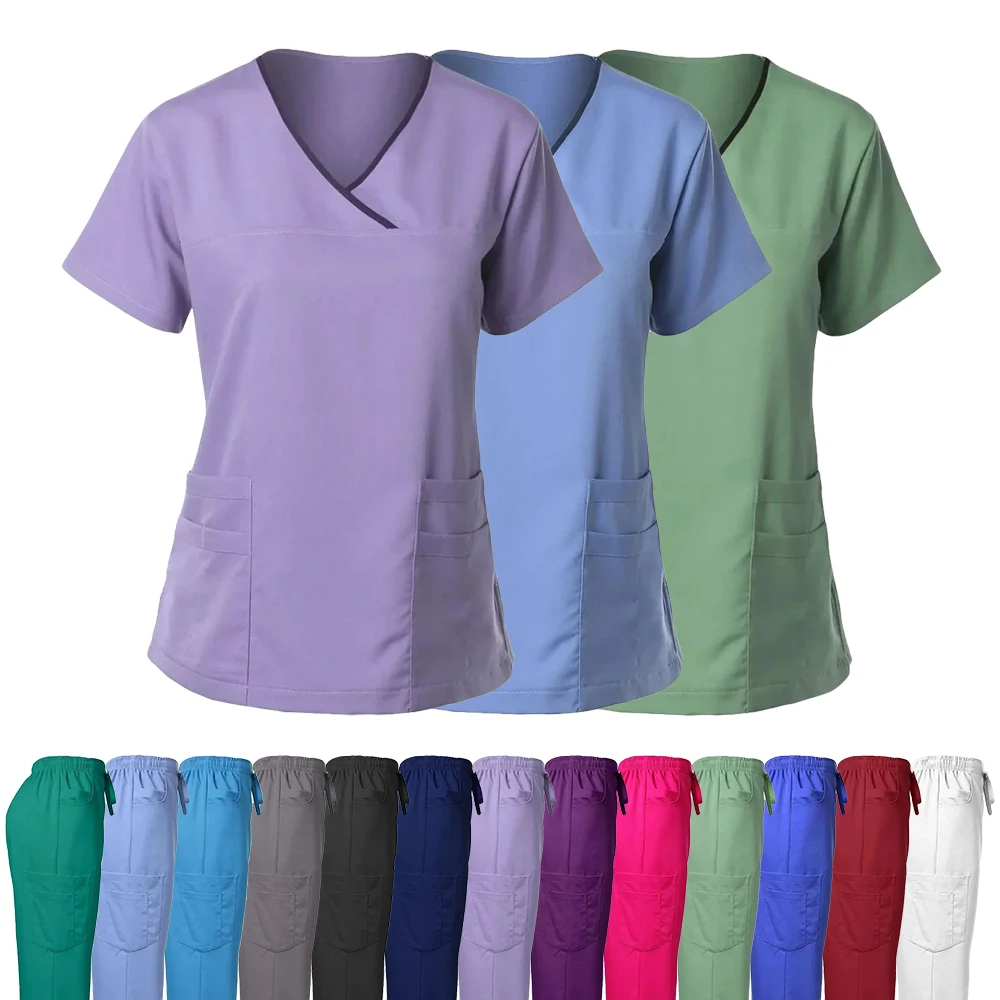 Uniformes cirúrgicos médicos para mulheres, conjunto de esfrega, top e calça, terno de enfermagem Zip para salão de beleza, esfrega clínico, médico e médico, novo