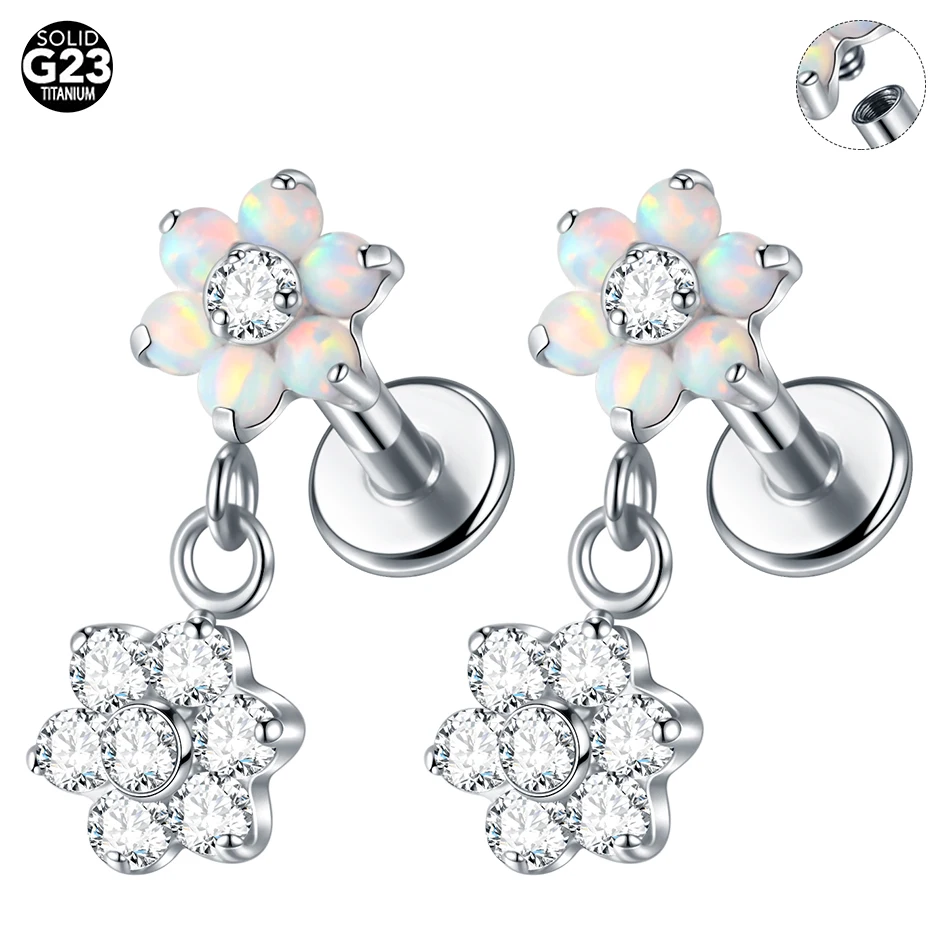 1/5PCS Titanium Flat Back Lobe Helix Earring Stud Internally Threaded CZ Crystal Flower Labret Cartilage Tragus Piercing Jewelry