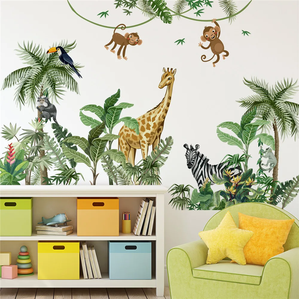 Jungle Animal Plam Large Size Wall Decor Sticker For Kids Room Bedroom Self-adhehesive Wallpaper Mural Giraff Zebra Monkey Decal