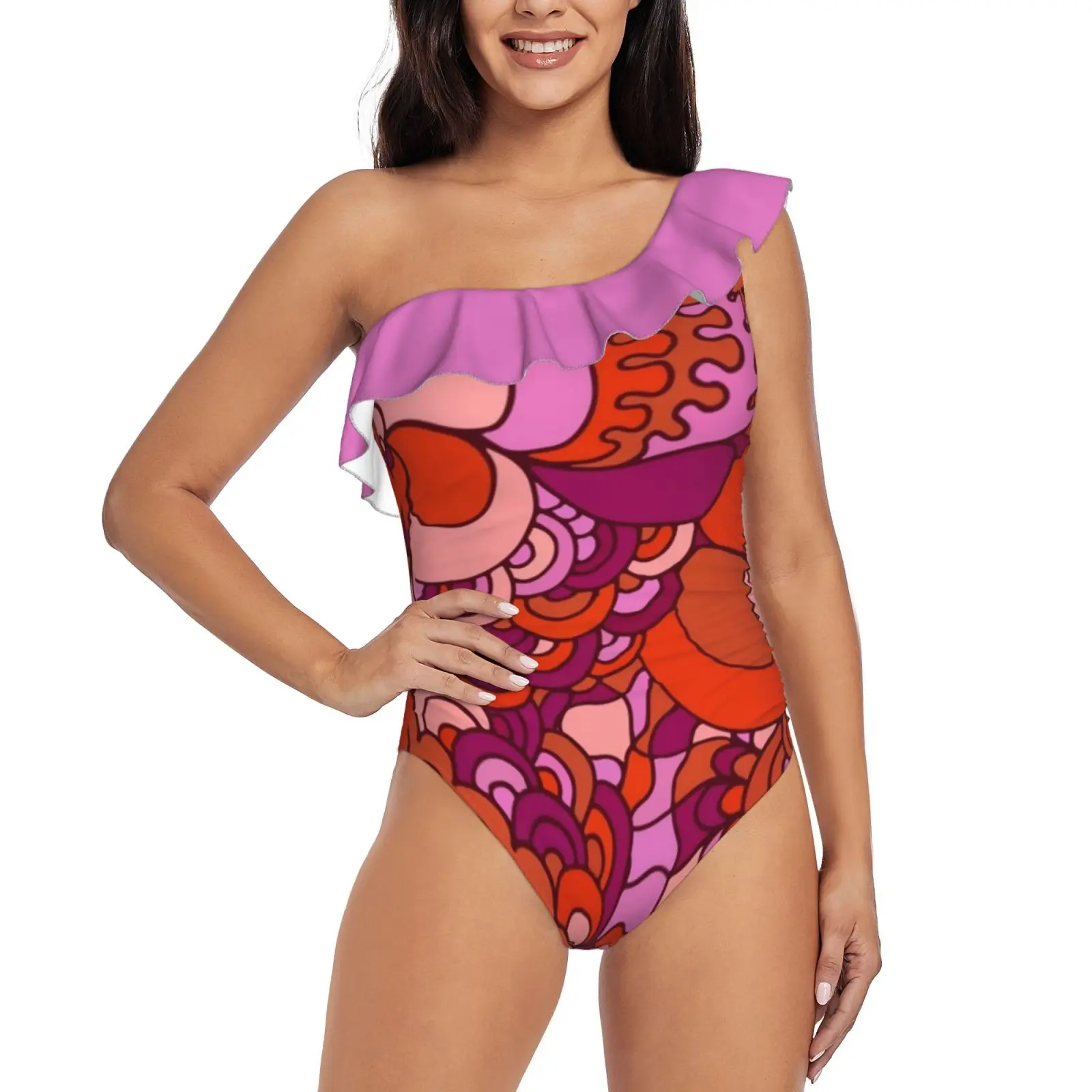 

60S Hippie Psychedelic Pattern One-Piece Swimsuit One Shoulder Ruffle Swimsuit Sexy Monokini New Girl Beach Swimwear Abstract