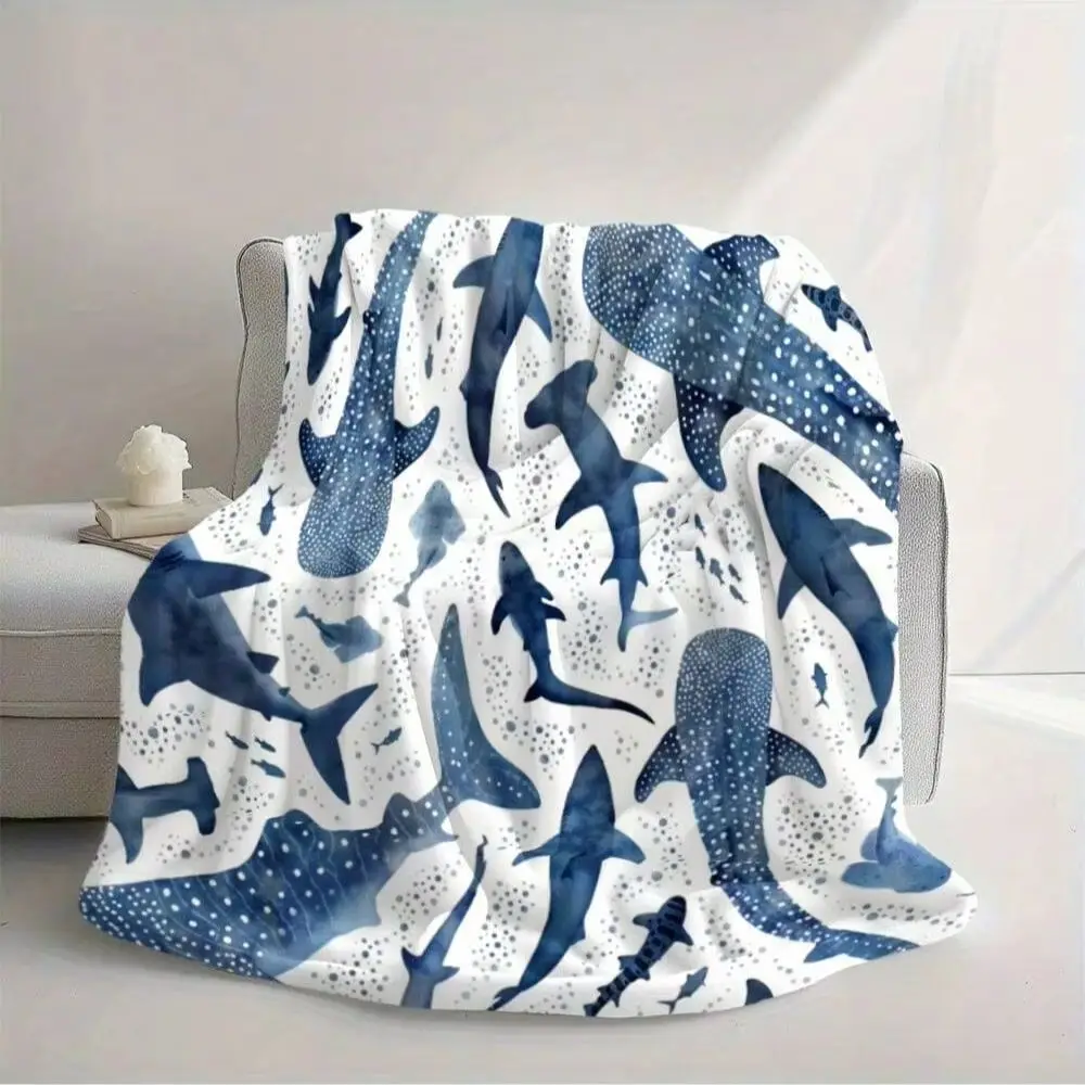 Watercolor Shark Blanket Ocean Sea Animal Throw Fleece Soft Cozy Comfortable Bed Couch Travel Gift for Kids Adults Home Decor