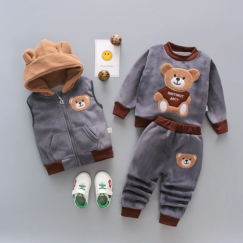 Korean version new plush and thick winter long sleeved set cartoon casual baby boy clothing double-sided plush baby clothing3PS