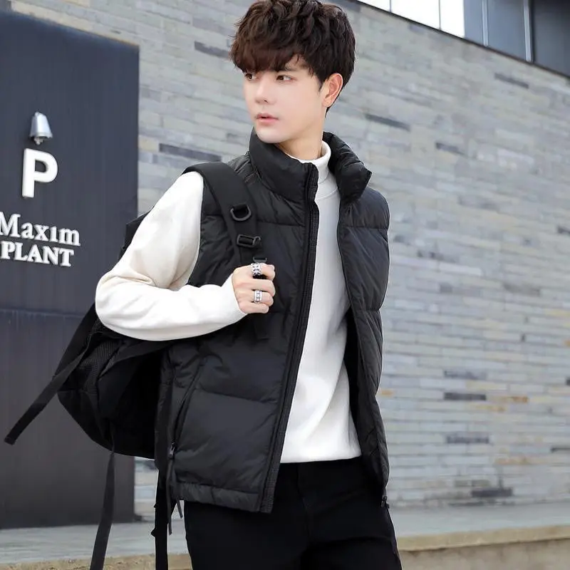 Hong Kong style trendy sleeveless down vest with zipper splicing design duck down American style warm and cold-proof jacket