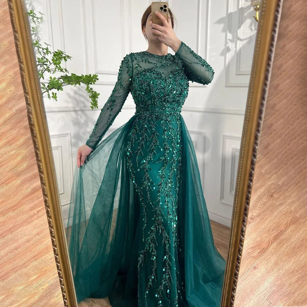 SERENE HILL Arabic Green Luxury Beaded Mermaid Overskirt Evening Dress 2025 Modest Muslim Women Wedding Party Gown CLA71653L