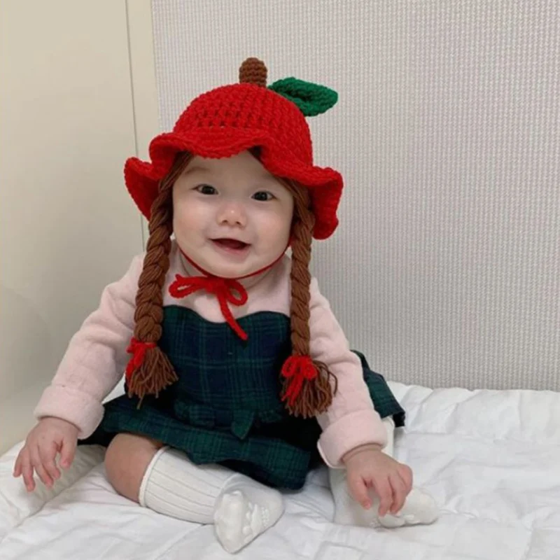 48-52cm Children\'s Knitted Hat Autumn Winter Braid Caps Kids Accessories Ear Protection Wool Apple Ruffle Red Soft Comfortable