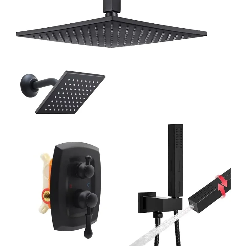 

Dual Shower Heads System 10" Wall-Mounted Rainfall 6" Handheld Spray Square Faucet Set 3-Way Diverter Thermostatic Matte Black