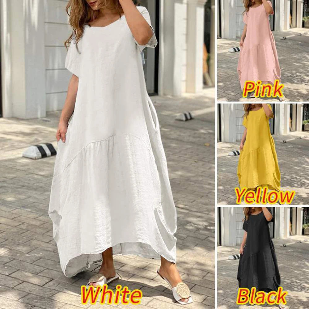 Cotton Linen Womens Dresses Plus Size Casual O Neck Short Sleeve Clothes For Women Spring Summer Floor-Length Dress