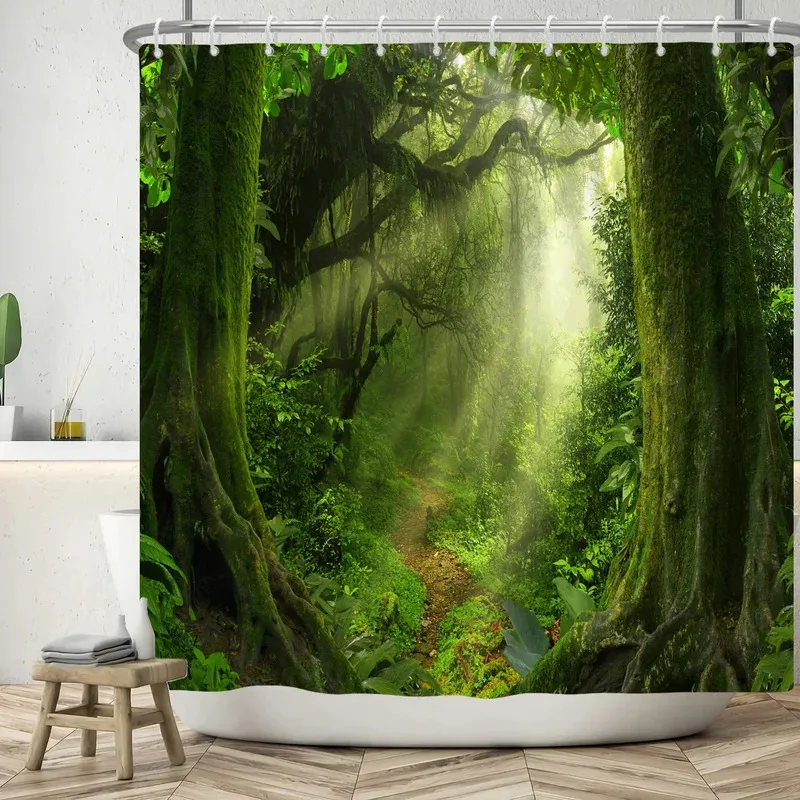 

JHB23Waterproof Shower Curtain with Hooks, Rainforest, Jungle, Green Plants, Bathroom Partition At Home, Spring9Kj(