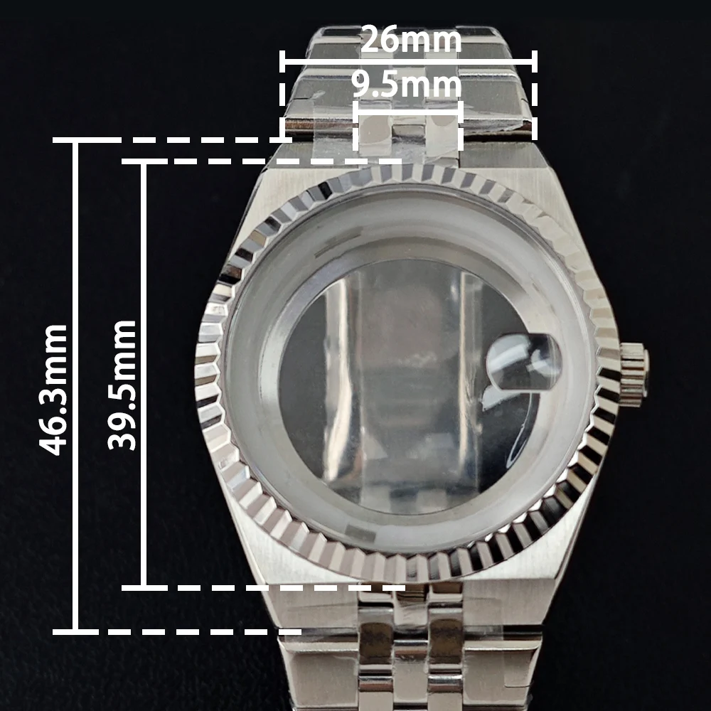 NH35-Gehäuse mit Armband, 39,5 mm Herrenuhr, silberfarbenes Stahlgehäuse, passend für NH35-Uhrwerk, Zubehör, Saphirglas, NH35-Zifferblatt – Detail 5
