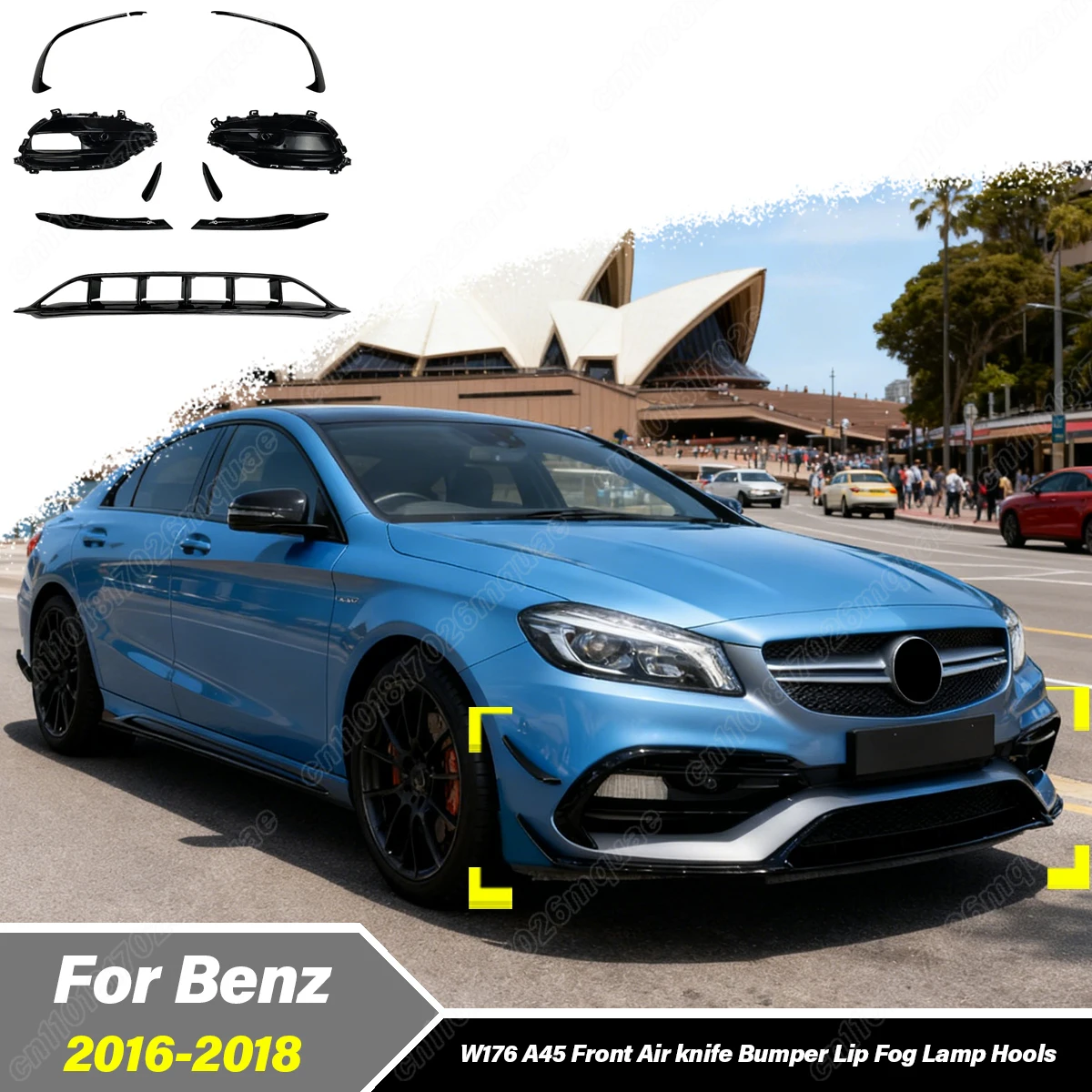 

Для Mercedes-Benz A-Class W176 A45 AMG 2016 2017 2018: Комплект декоративных накладок на передний бампер (спойлер, боковые воздухозаборники, рамки противотуманных фар)