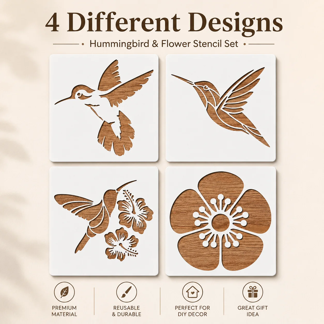 4 Stück 5,1 x 5,1 Zoll große Kolibri-Blumen-Schablonen, wiederverwendbare Vogel- und Blumenmalvorlagen für DIY-Wanddekoration auf Leinwand und Stoff – Detail 6