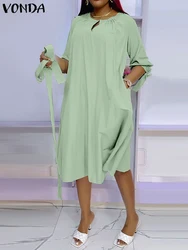 VONDA-Robe mi-longue à manches bouffantes pour femmes, chemise ceinturée, robe d'été décontractée, document monochrome, robe éducative élégante, mode automne, grande taille, 2024