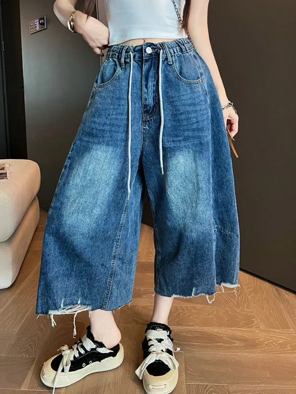 

Retro Washed Distressed Denim Cutoffs High Waist Wide Leg Casual Shorts for plus Size Women Summer Breathable Cotton Pants