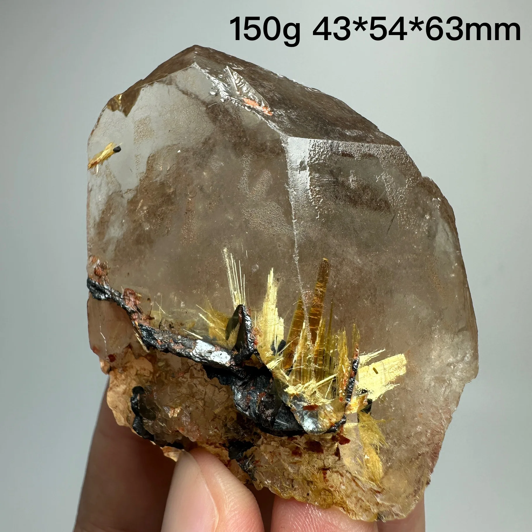Natural Brazil Gold Rutilated Quartz Hair Crystal and specular hematite symbiosis Mineral