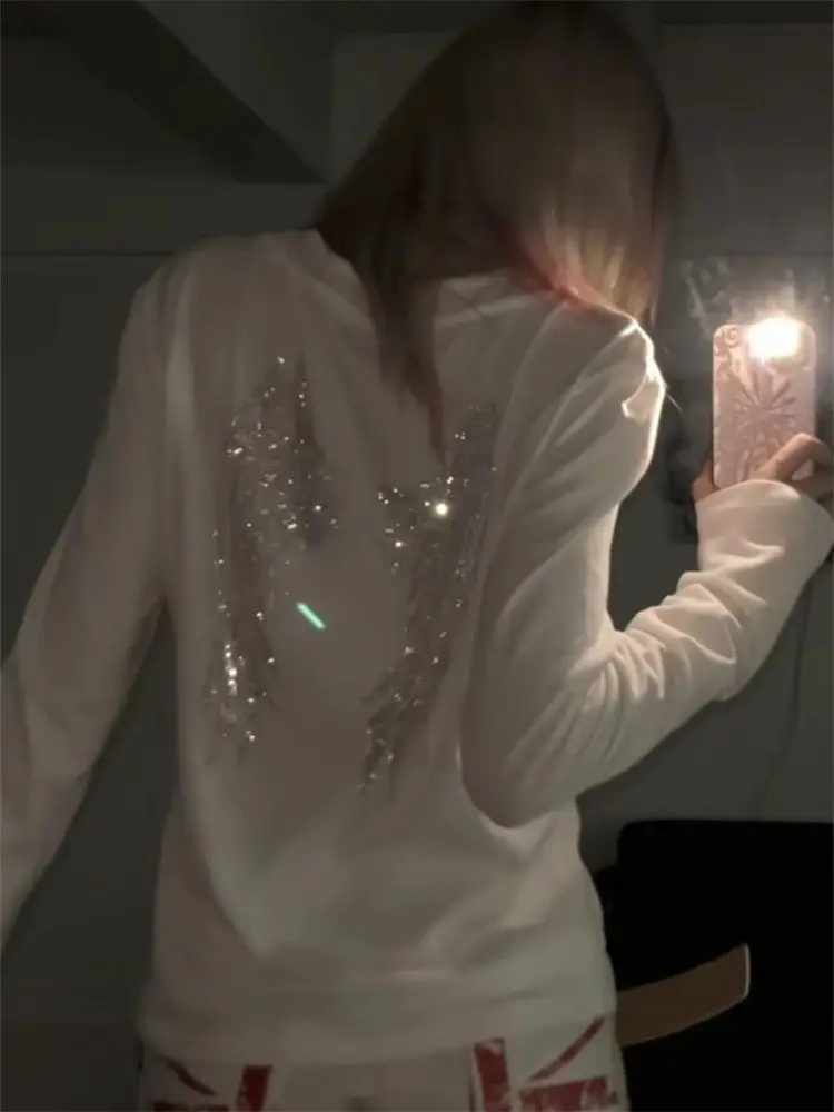 HOUZHOU Y2K Women Rhinestone Angle Wings T-shirts Cross Hot Drill Long Sleeve Tees Gothic Punk Streetwear Aesthetic Casual Tops