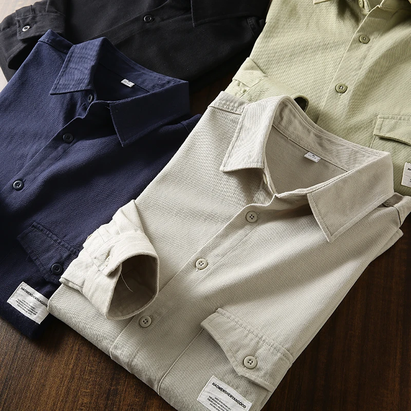 

Retro Workwear Sle! Pure Cotton Khadi! Spring New Men's Casual Long Sve irt Jaet Trendy Stand Fit Four Seasons Un...