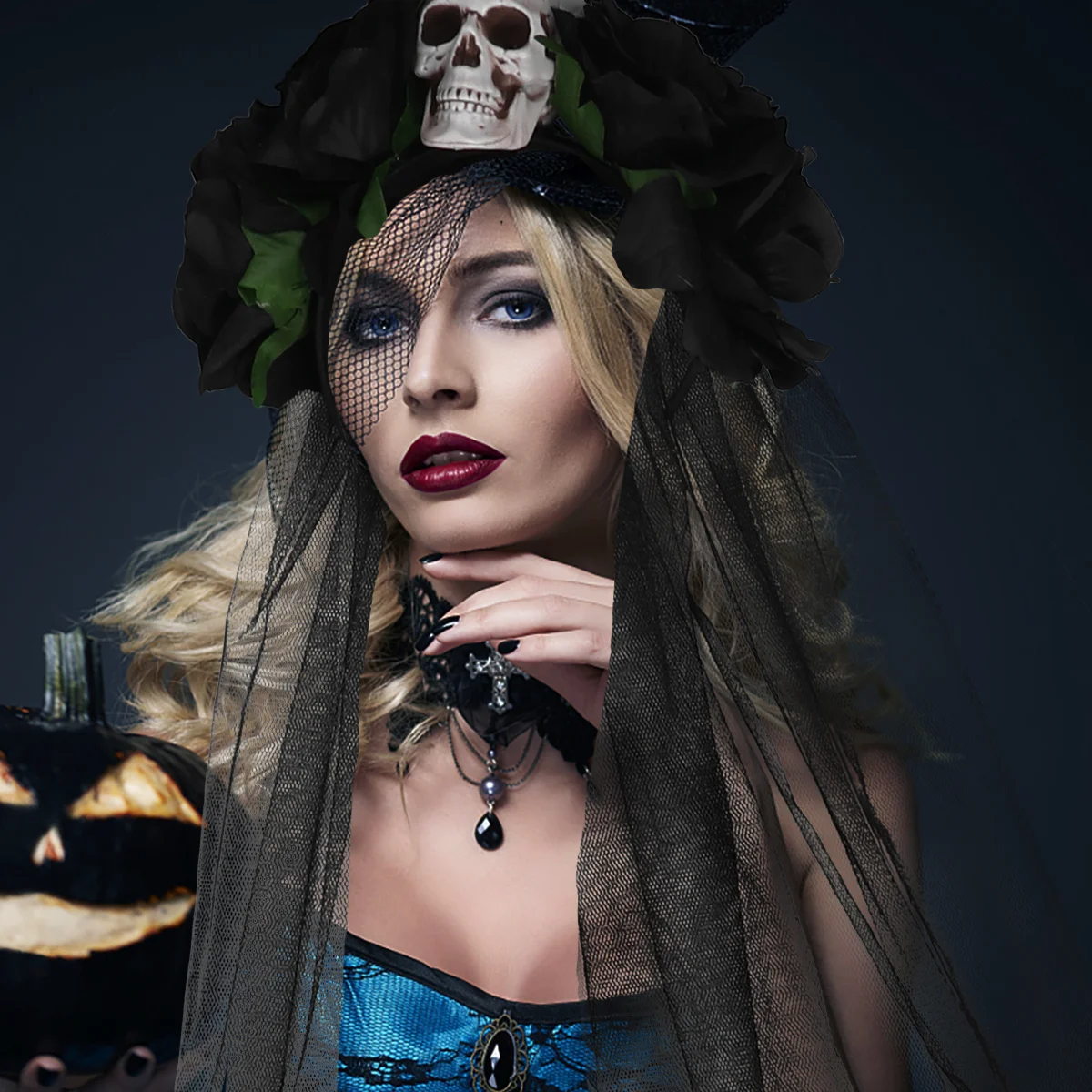 

Skull Headband Day of The Dead Accessories Hair Headgear Halloween Lace Mesh Costume Flower Headpiece for Women Bride