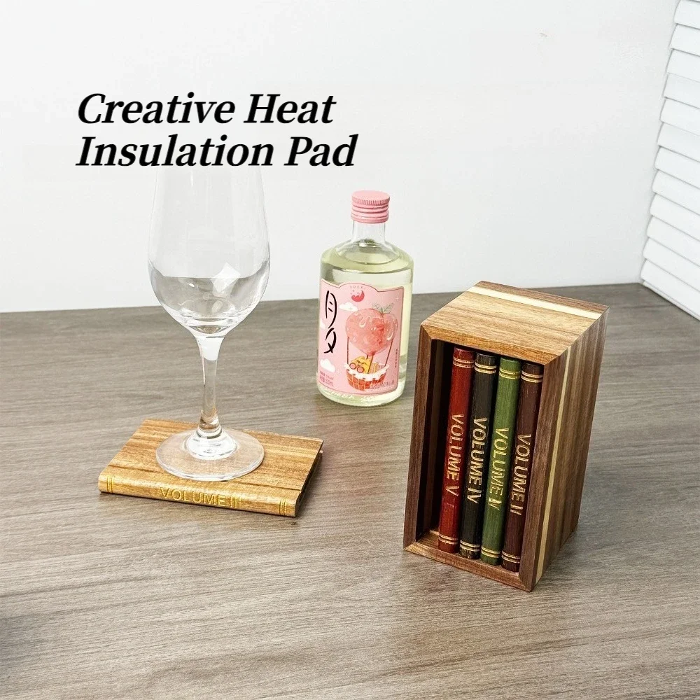 Book Shaped Wooden Coaster Creative Heat Insulation Pad Square Drink Cup Mat Decorative Table Ornament for Home Kitchen