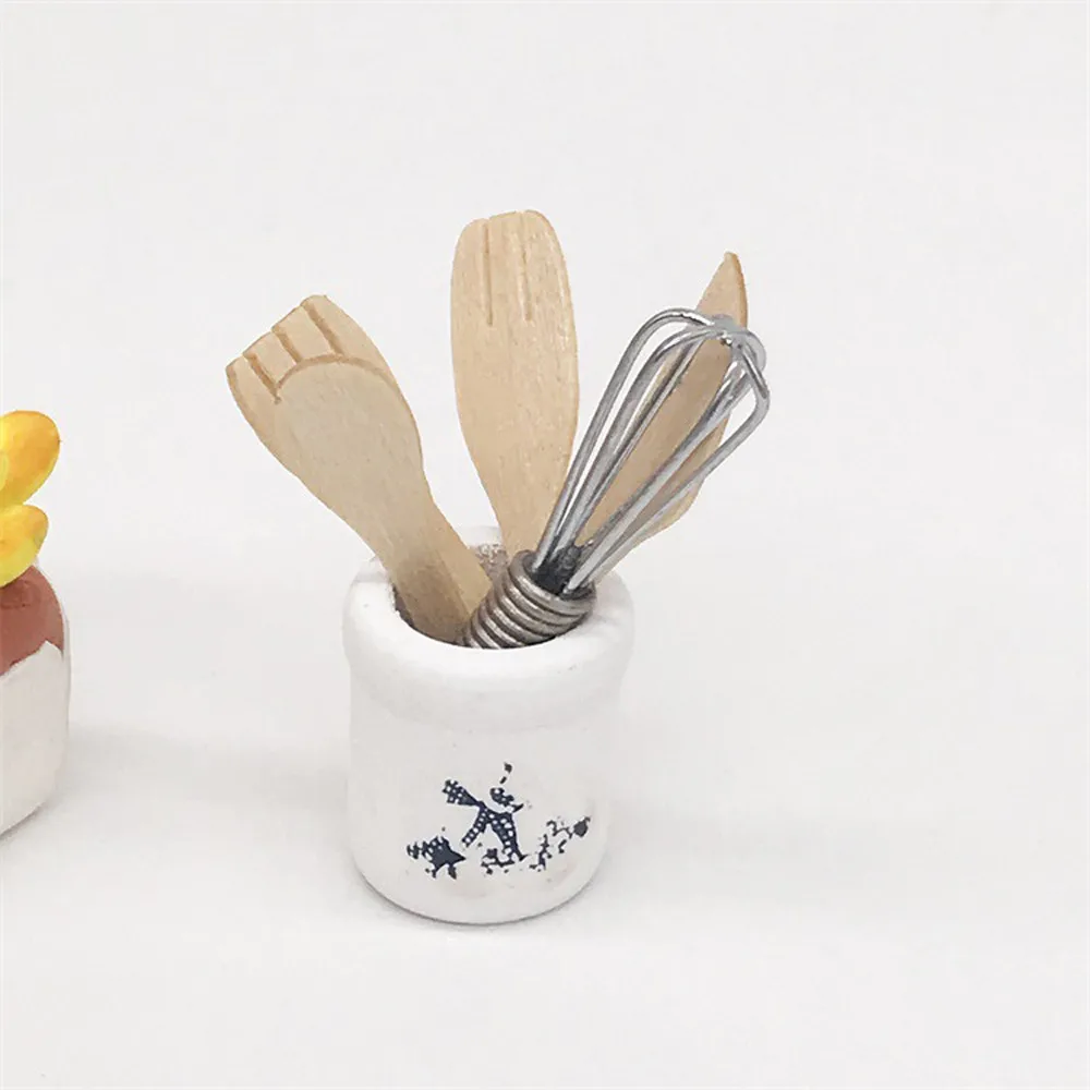 1Set Wooden Knife And Fork Metal Whisk Jar Set Dollhouse Miniatures 1:12 Accessories Doll House Mini Kitchen Accessories