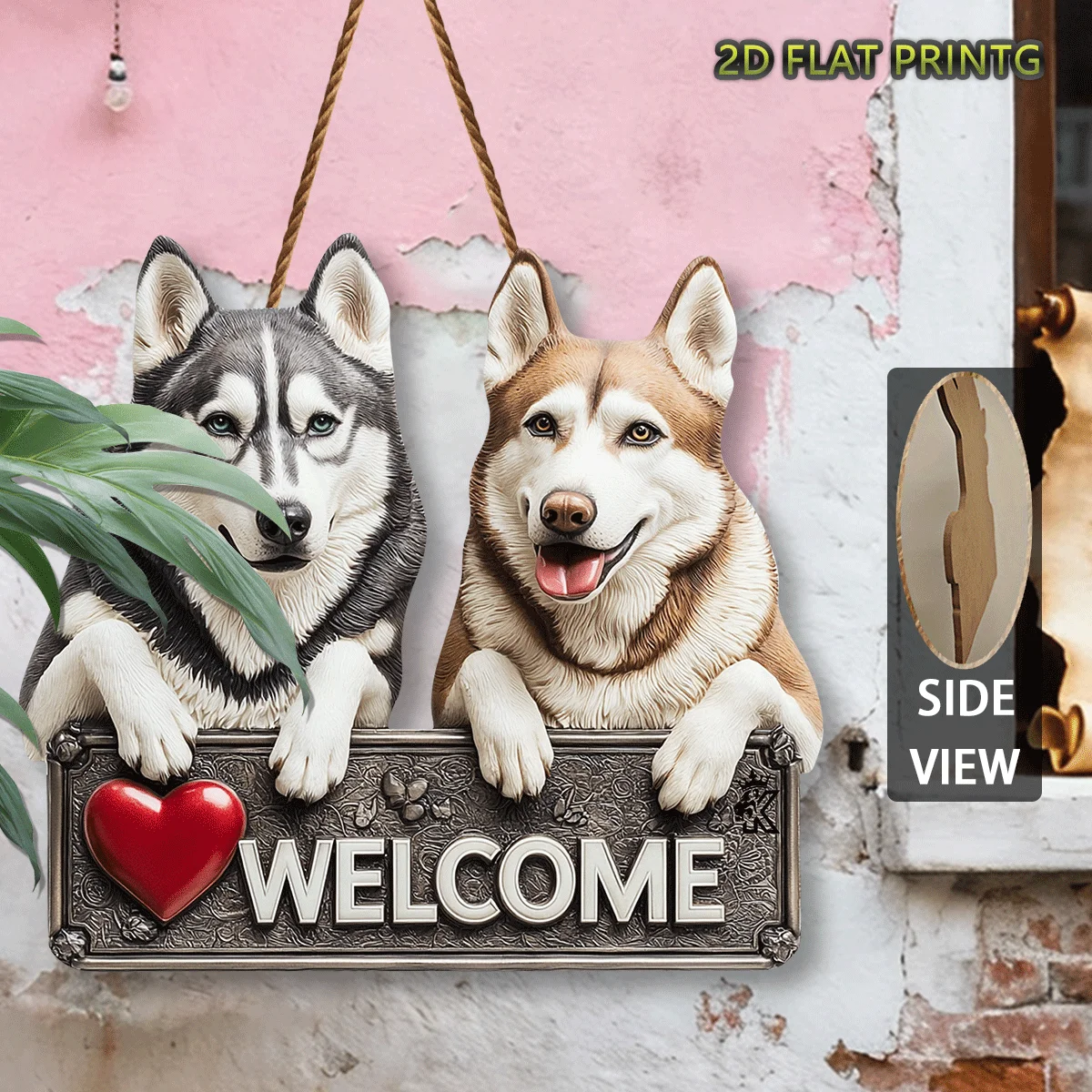 2D Flat,Wooden Signs, Outdoor Plaques and Wall Art, Husky with Welcome Sign,Outdoor Decor, Porch Decor,Gifts for Dog Lovers
