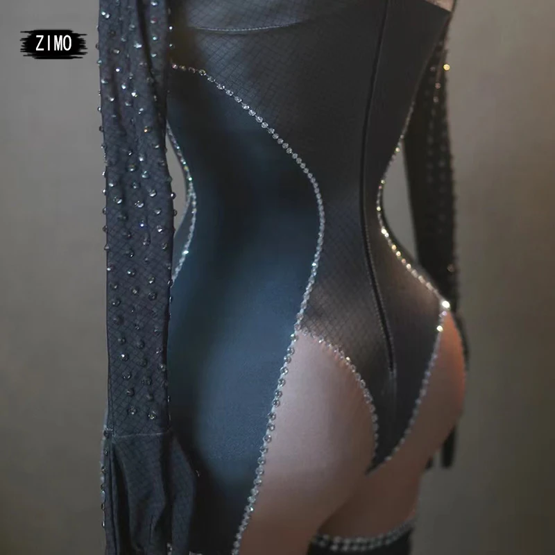 المرأة مثير أسود لامعة حجر الراين بذلة أداء القطب الرقص تمتد يوتار ملابس سحب الملكة مخصص ملهى ليلي المغني