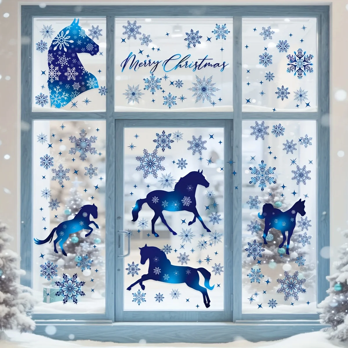 6 Stück festliche blaue Pferde- und Schneeflocken-Fensteraufkleber – 184 Stück doppelseitige PVC-Aufkleber, wiederverwendbare Winter-Urlaubsdekoration für das neue Jahr