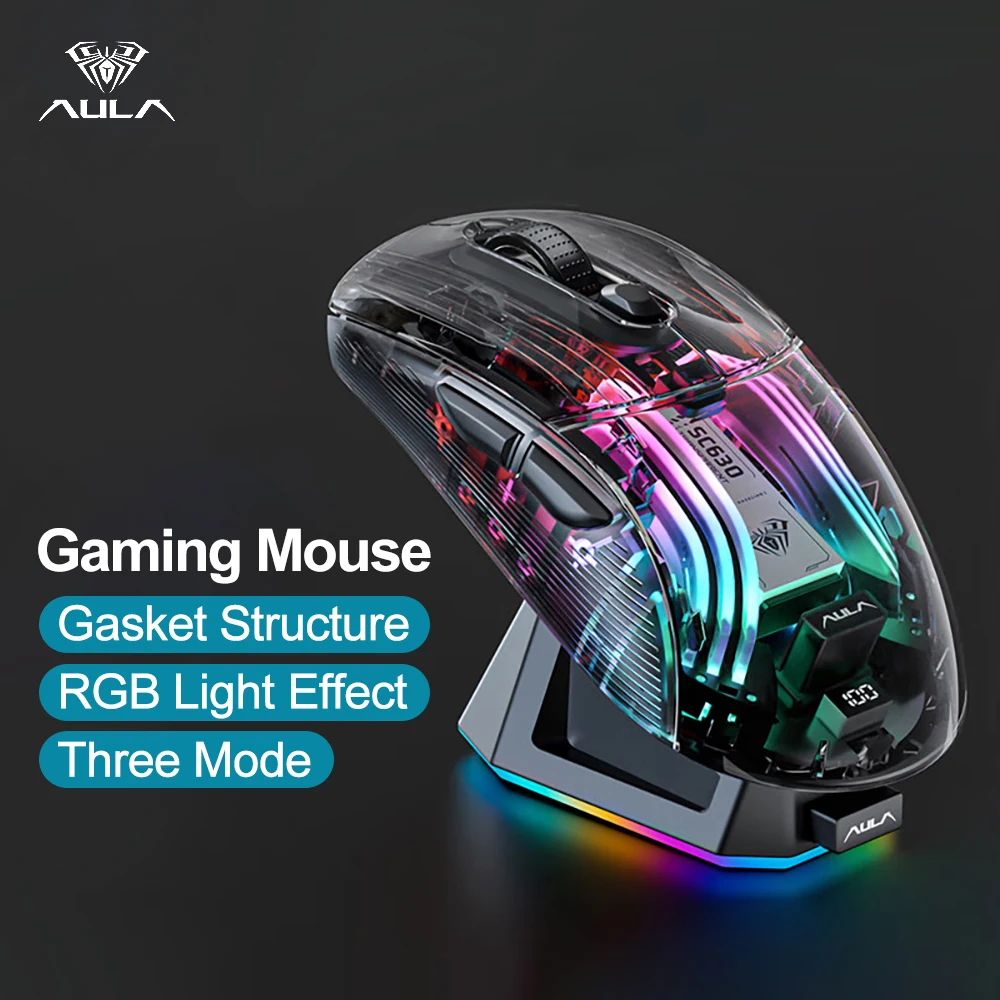 AULA Wireless Gaming Mouse 3 Mode Connect Bluetooth Mice RGB Light with Charging Base Digital Display Mous for Laptop PC Gamer