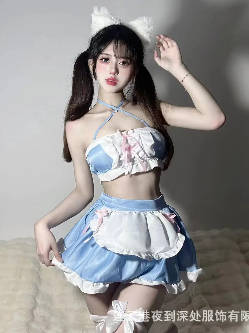 Cute Pure Lolita Maid Uniform Sexy Pajamas Maid Dress Elegant Blue Sweet Korean Women Tank Mini Dress 2024 New Tops HE7N