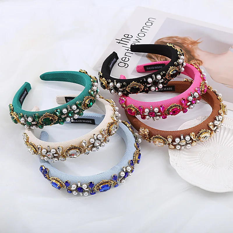 

Baroque Emerald Crystal Hairband Velvet Padded Jewel Headband Luxury Antique Gold Tiara Royal Statement Hair Accessories