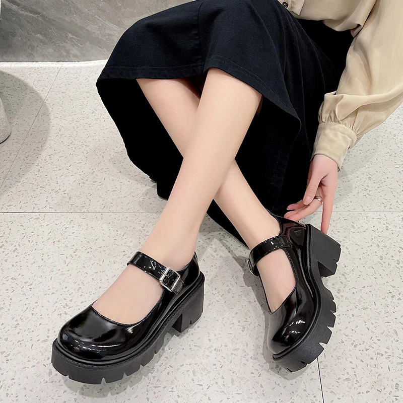 براءات الاختراع والجلود ماري جين امرأة فاسق كعب سميك لوليتا أحذية Mujer الأسود الكاحل مشبك منصة مضخات النساء النمط الياباني #6