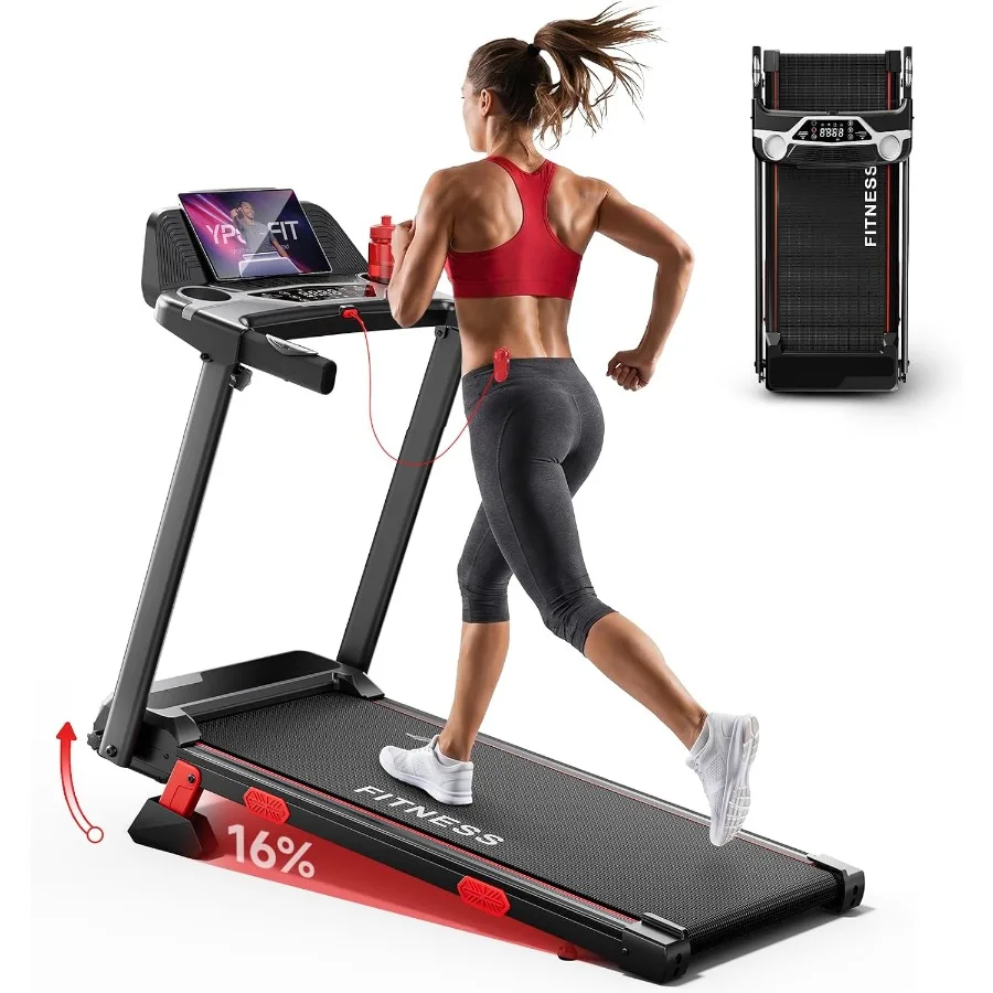 Home treadmill with handles, steel frame, black, 16 incline and 7.5MPH speed for compact indoor fitness