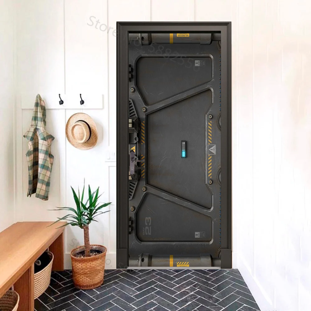 Black Simulation Door Stickers Wallpaper Modern Technology Style PVC Self-adhesive Bedroom Mural Sticker Living Room Boy Home