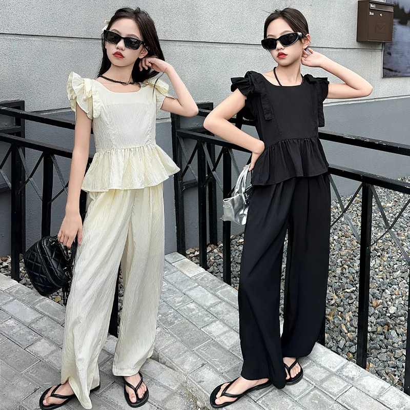 

Fashion design junior girls clothes set Flying sleeves with ruffled hem top+Wide leg pants 2pcs teen kid suit child outfits 4-14