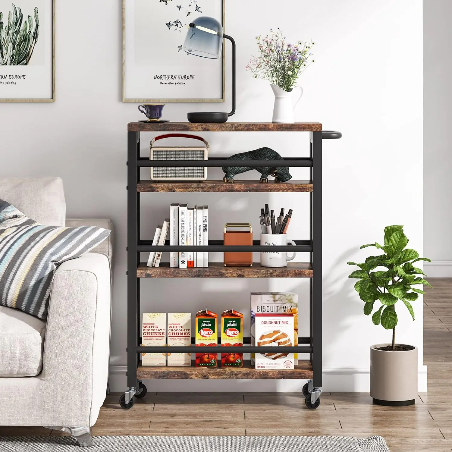 

Slim Rolling Utility Carts with Wheels,4-Tier Narrow Kitchen Trolley Cart for Small Space,Wood Spice Storage Rack
