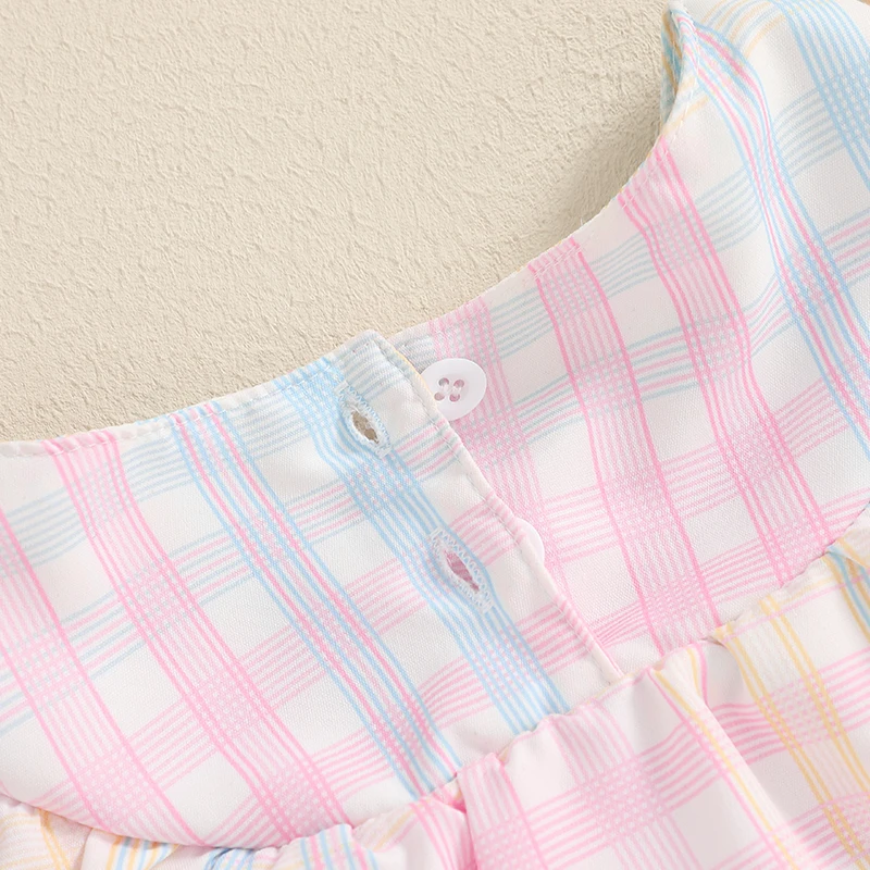 Adorable Toddler Girls Sleeveless Romper with Round Neckline and Colorful Rainbow Plaid Design for a Stylish Summer Look