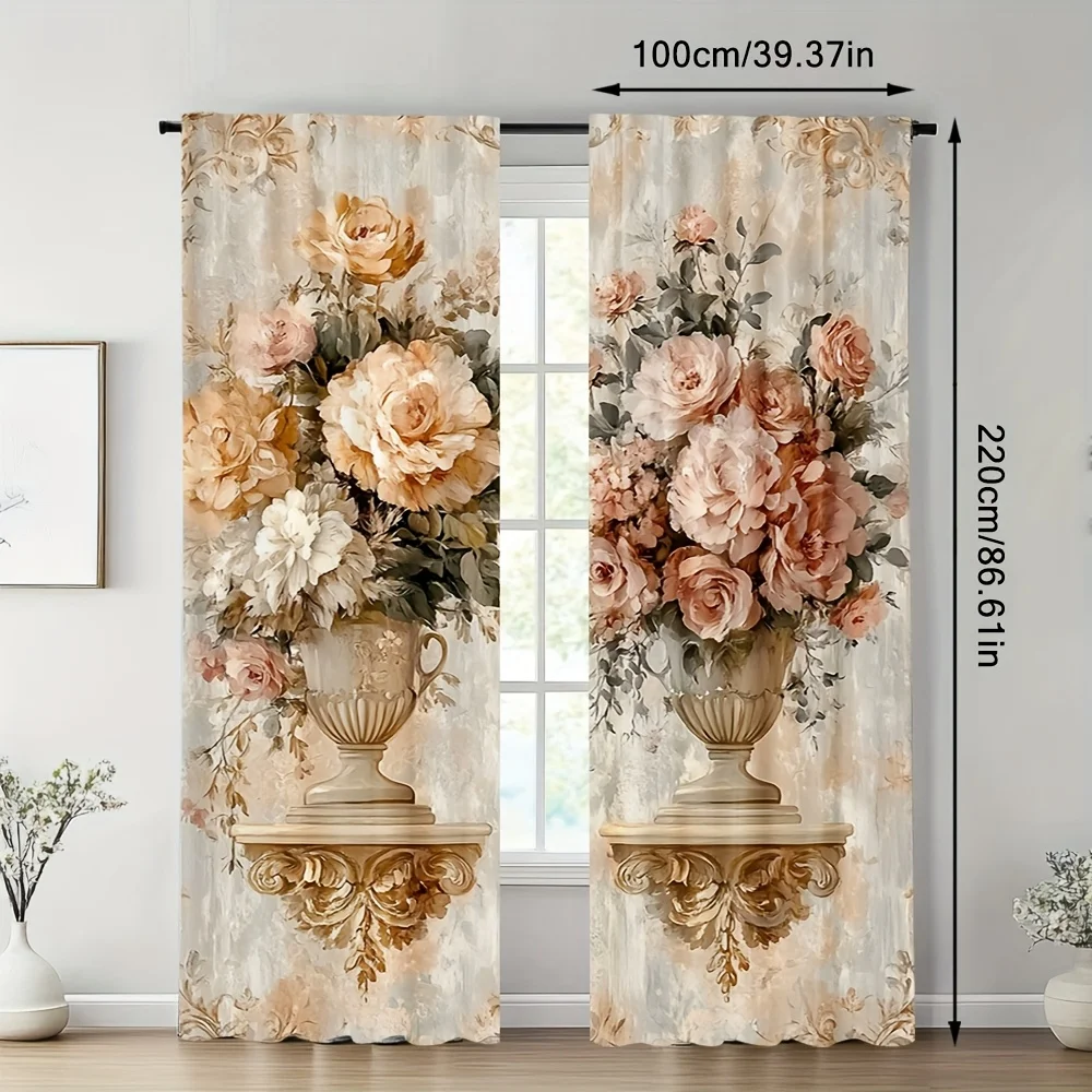 2pcs Elegant Floral Bouquet Print Polyester Curtains with Rod Pocket – Perfect for Living Room, Bedroom, Office & Kitchen Decor