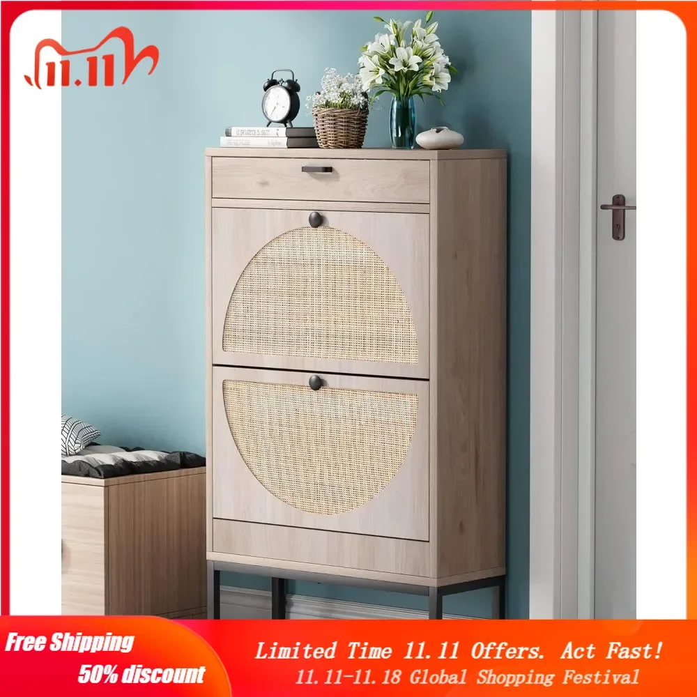 

Shoe Storage Cabinet with 2 Flip Drawers&1 Small Drawer, Slim Entryway Shoe Organizer with Half Round Woven Rattan Doors