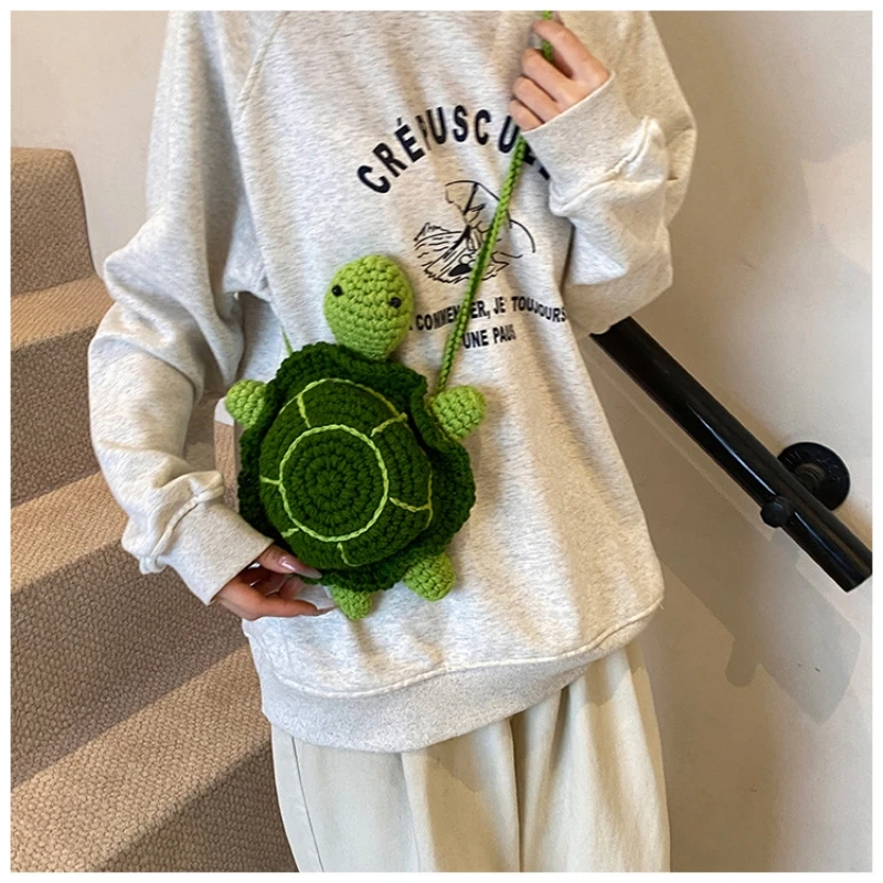 

Handmade Woven Bag for Women Woolen Crossbody Shoulder Bag Cute Knitted Cartoon Bag Young Girl Crochet Turtle Mobile Phone Bag