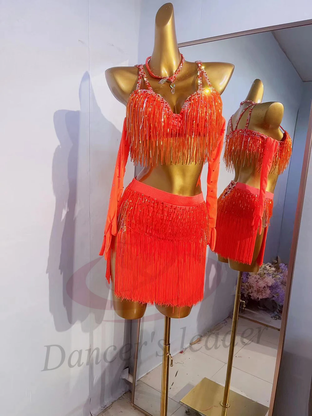 라틴 댄스 의상 AB 스톤 여성 성인 어린이 고급 맞춤형 오렌지 비즈 튜브 태슬 삼바 공연 드레스