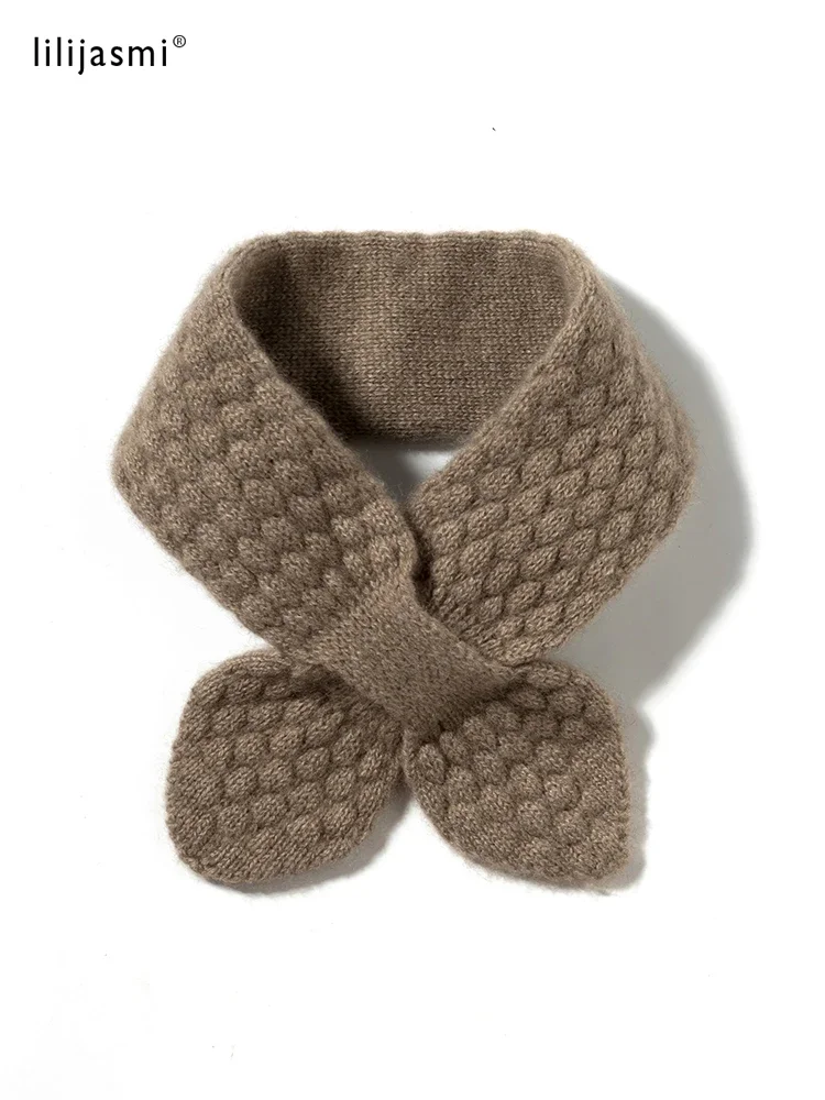 Women 100% Pure Cashmere Knitted Small Bowknot Scarf Neckerchief Moss Stitch Soft Neck Warmer Ring Collar Female Boutique Acc