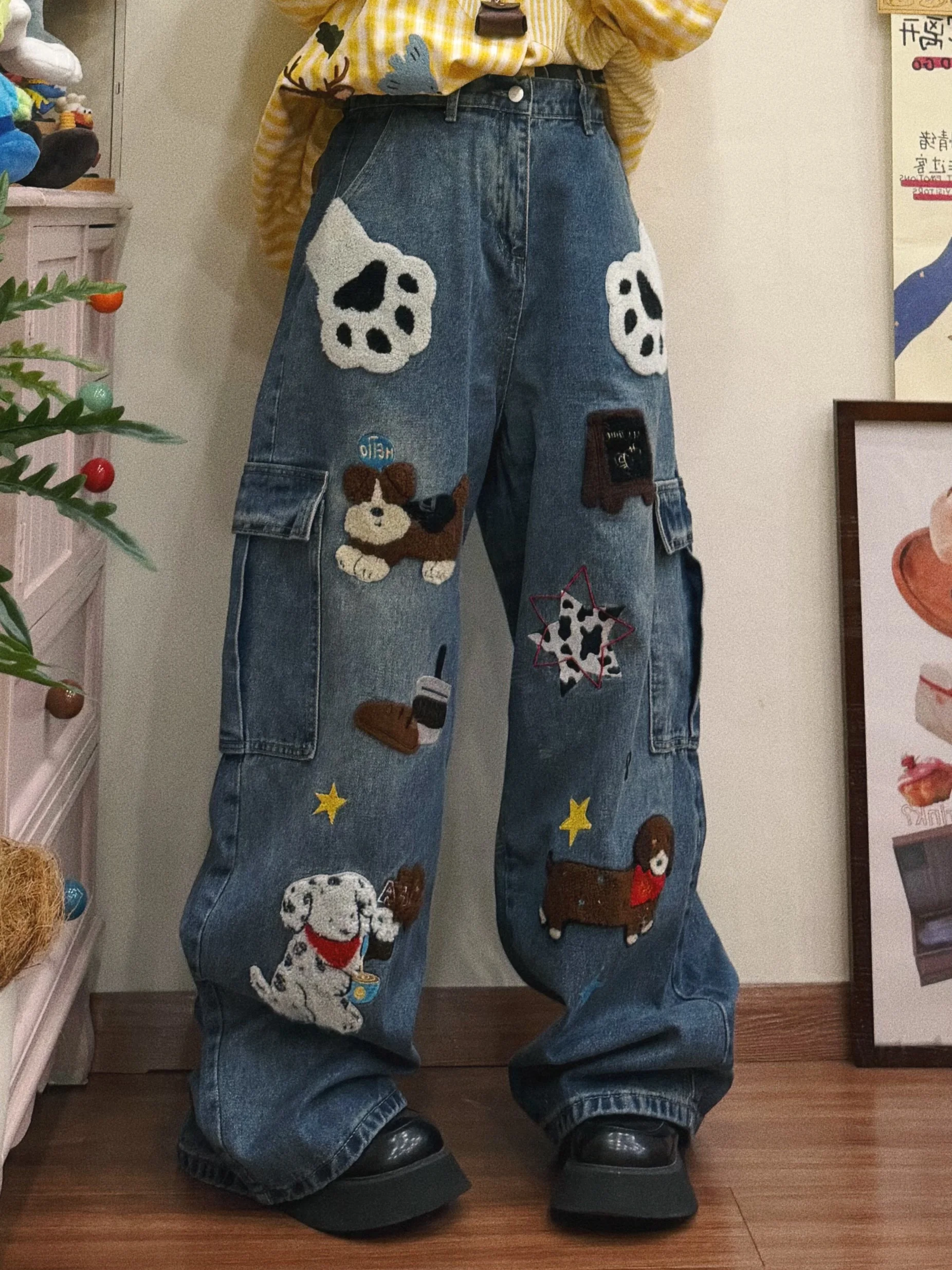 

Джинсы BIBULU свободного кроя для женщин, с вышивкой, в пол, повседневные брюки для пар, с завышенной талией