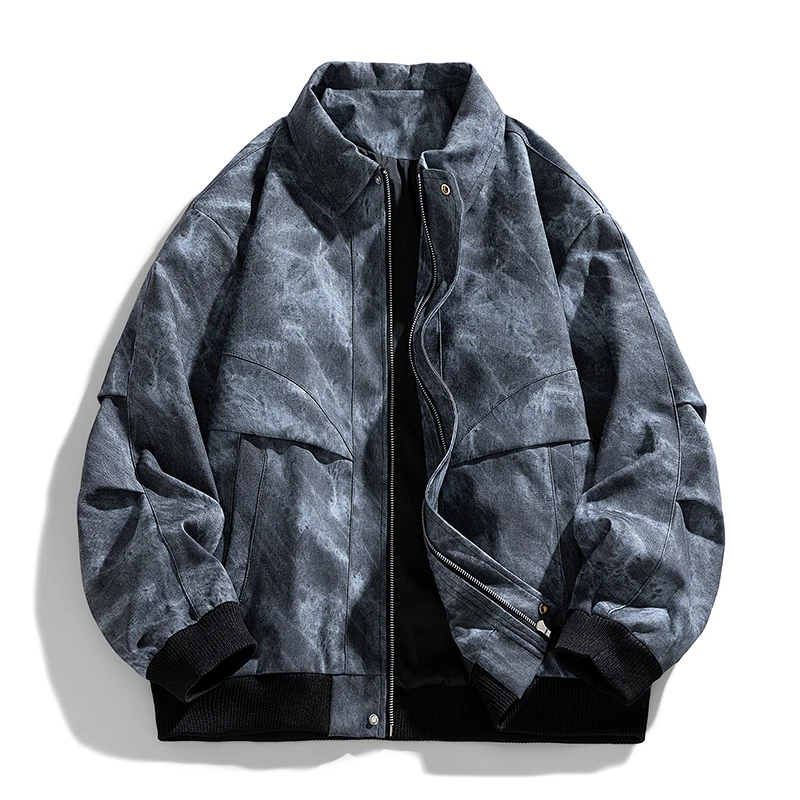 Autumn Winter Denim Jacket Men American High Street Outerwear Coats Fashion Tie-Dye Zipper Moto Biker Jean Jackets Mens Clothing
