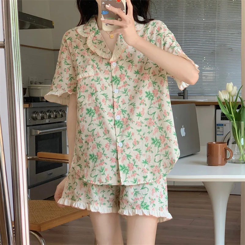 Floral Sleepwear Women Pajama Sets Summer Piiama Korean Ruffle Short Sleeve Home Suit 2 Pieces Sleeping Night Wears Pyjamas New