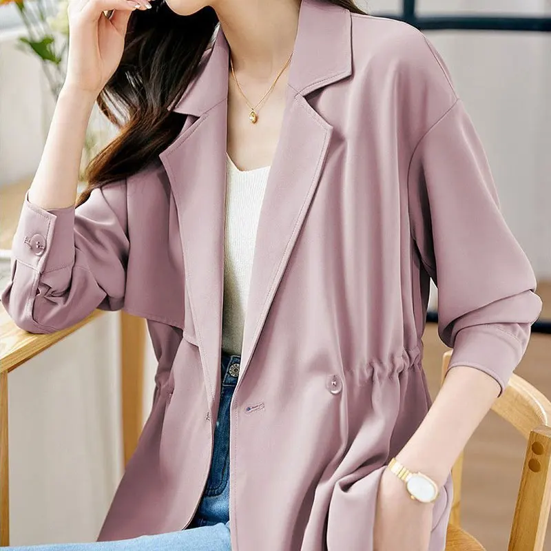 Female Clothing Solid Color Jackets Fashion Shirring Spring Autumn Long Sleeve Single Button Korean Loose Tailored Collar Coats