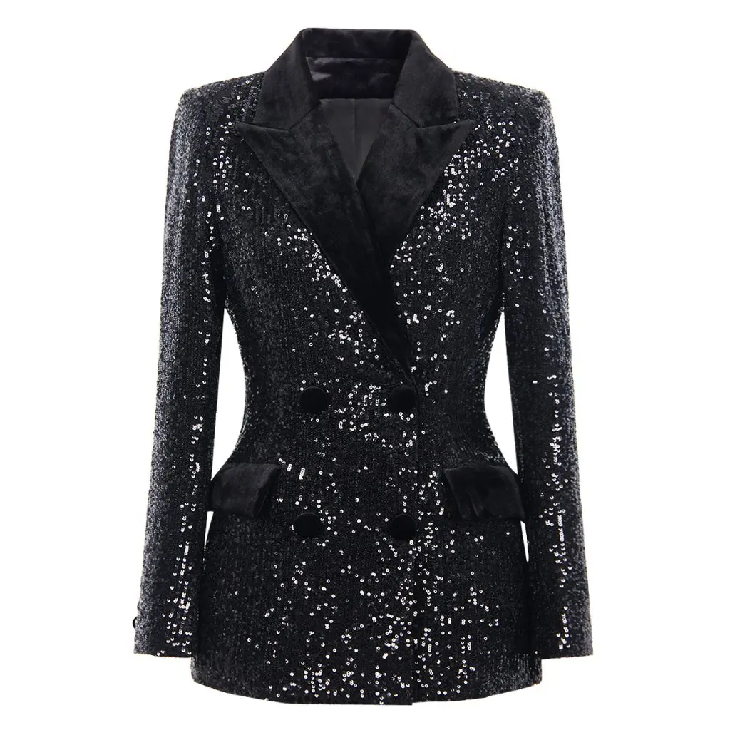 

Black Long Suit Jacket for Women Velvet Collar OL Commuter European American Style Embroidered Sequins Heavy Industry Theme