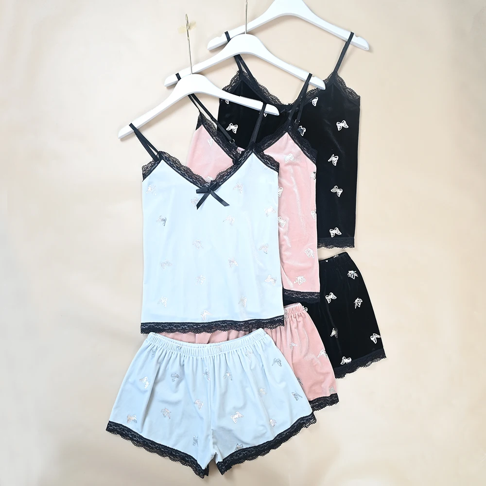 

Summer New Women's Elastic Velvet Lace Trim Halter Shorts Home Clothes Set V-neck Sleeveless Comfortable Breathable Sleepwear