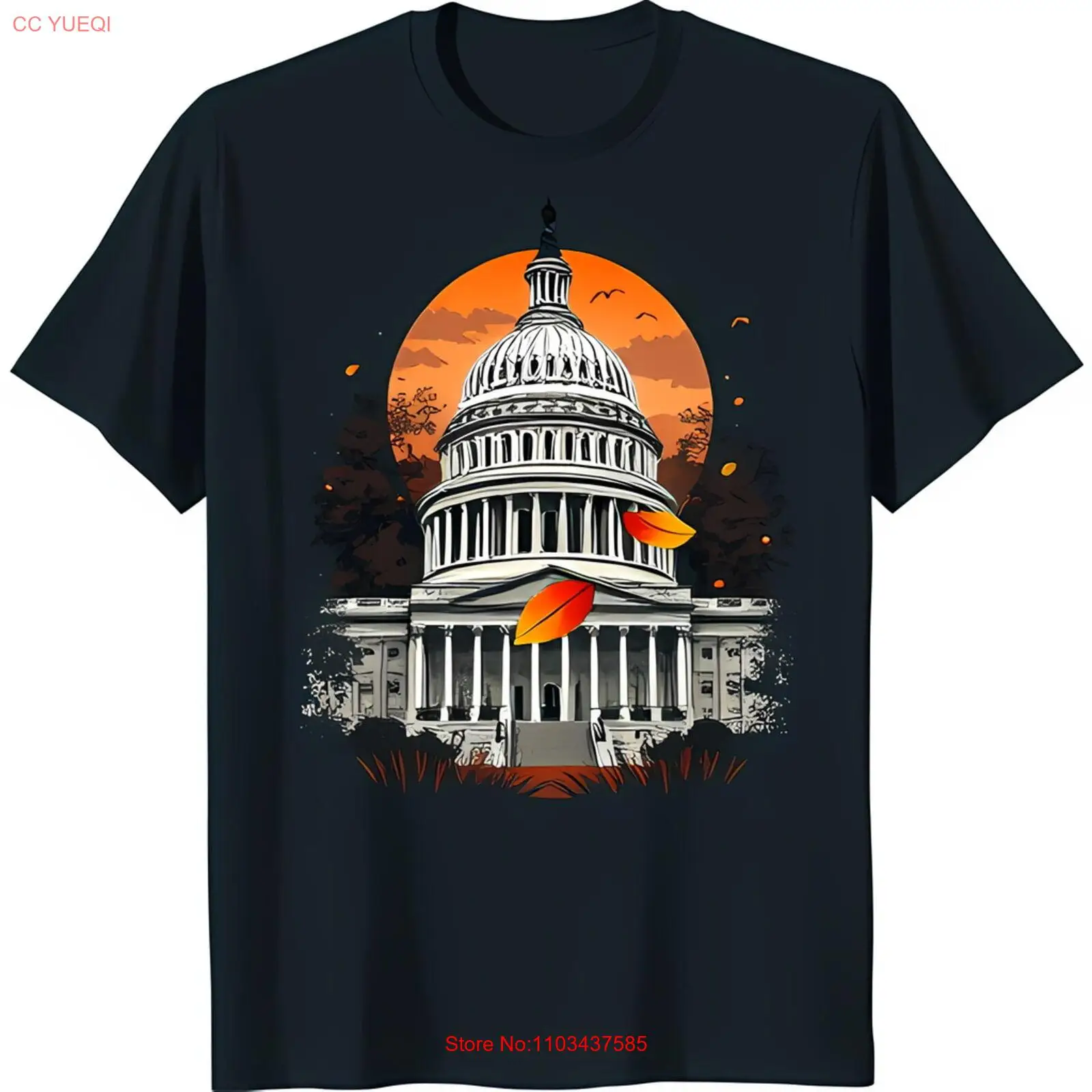 Черная футболка с потрясающей иллюстрацией здания капитала США с осенью