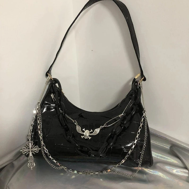 

Retro Women's Underarm Bag Trend Gothic Skull Chains Handbags and Purse Female High Street Punk Cross Ladies Shoulder Bags