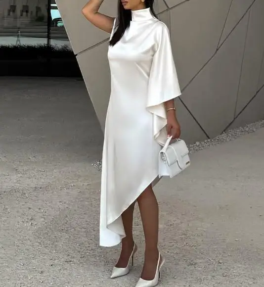 

Women Dresses 2026 Spring New Solid Color Temperament Semi High Neck Slanted Irregular Loose Casual Daily Long Dress