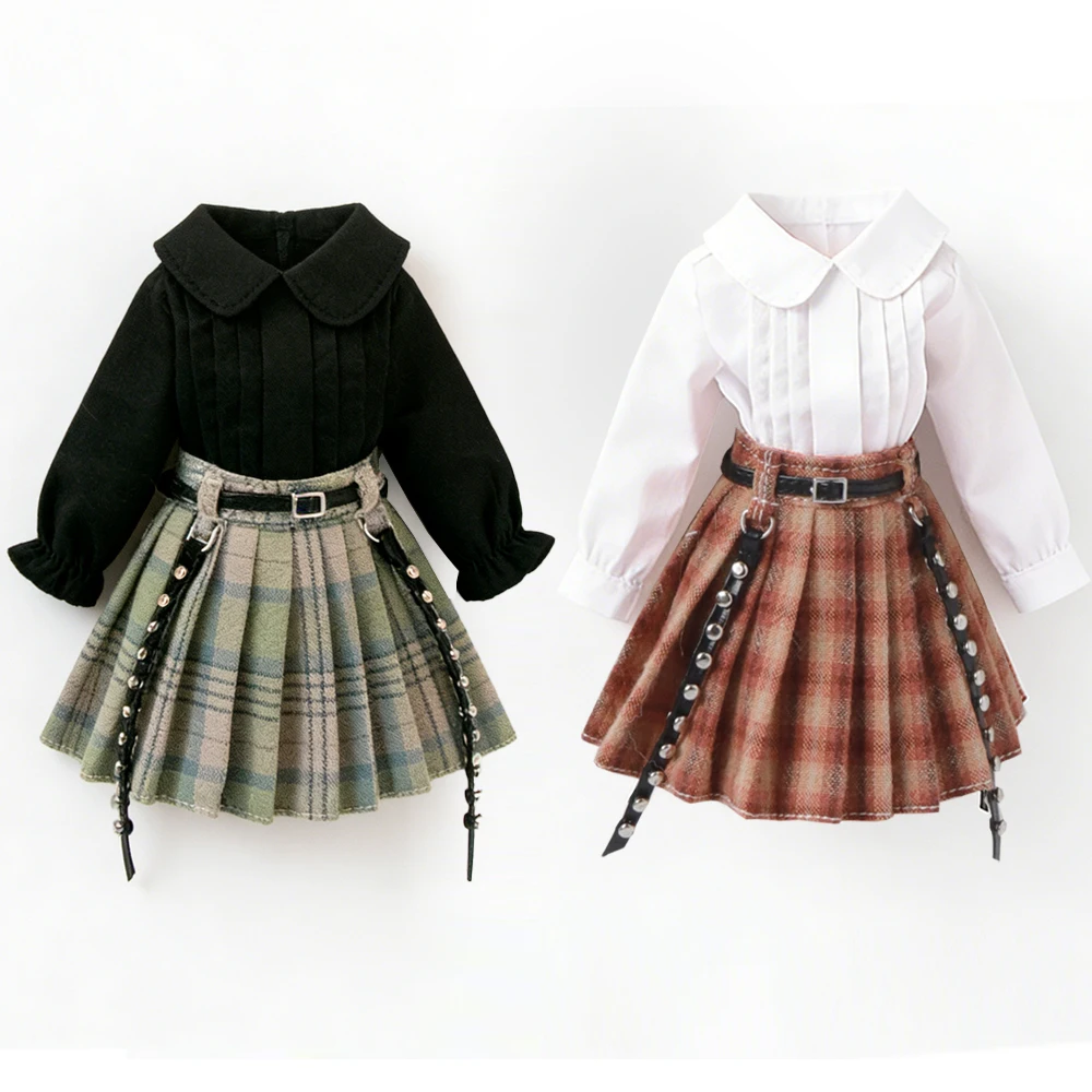 Blythe roupas xadrez saia plissada fora do ombro superior vestido de tule conjunto saia plissada para licca azones ob22 ker ymy boneca acessórios
